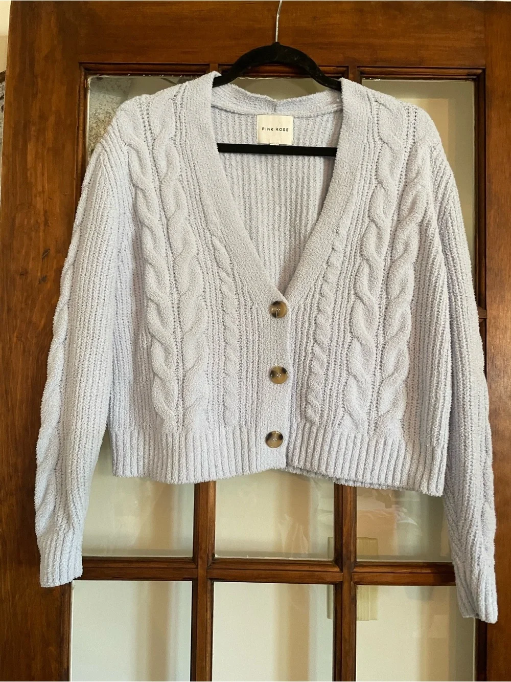 Pink Rose Light Gray Cable Knit V-Neck Button-Front Cardigan